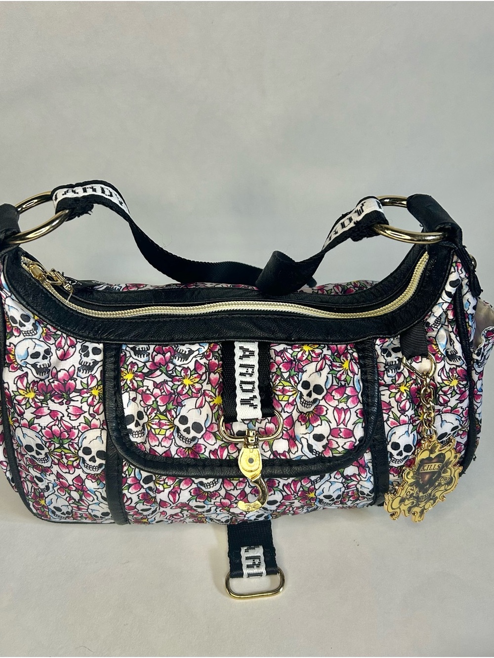 Ed Hardy White & Pink Floral Skull Shoulder Bag with Gold Accents